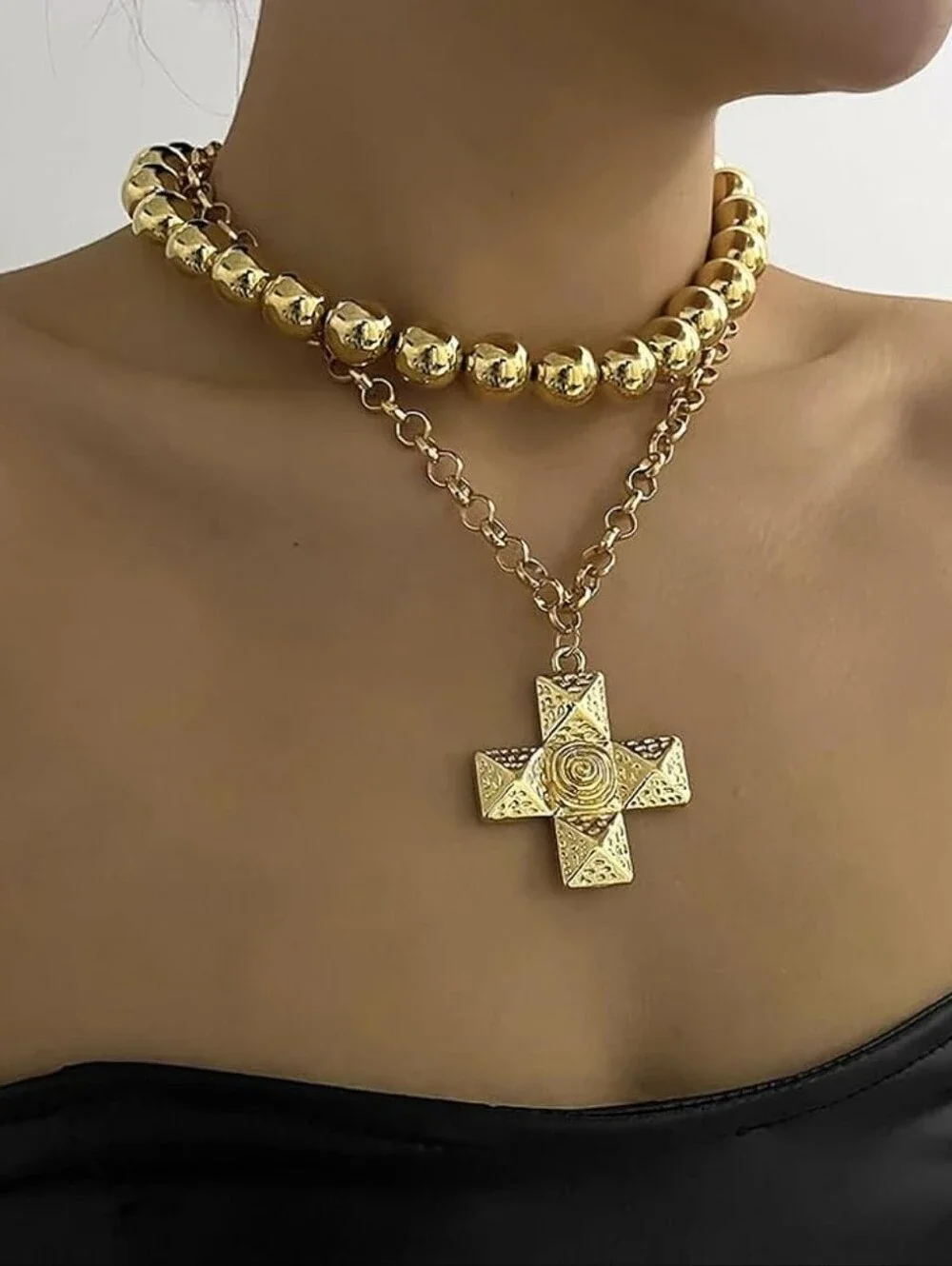 Chunky Cross Choker Necklace Layered